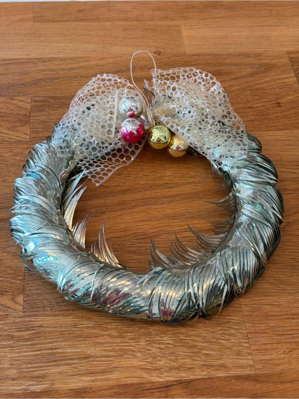 ✨🎄 Vintage Aluminum Foil Christmas Wreath with Mercury Glass Ornaments